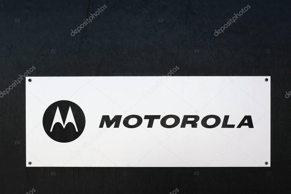 Viby, Denmark - August 19, 2017: Motorola logo on a door. Motorola was an American multinational telecommunications company founded on September 25, 1928, based in Schaumburg, Illinois, USA