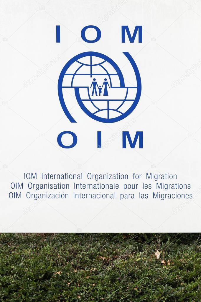 Geneva, Switzerland - October 1, 2017: IOM, The International Organization for Migration is an intergovernmental organization that provides services concerning migration to governments and migrants