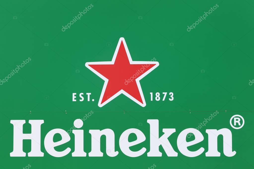 Himmerland, Denmark - August 23, 2017: Heineken logo on a wall. Heineken is a Dutch brewing company, founded in 1864 by Gerard Adriaan Heineken in Amsterdam