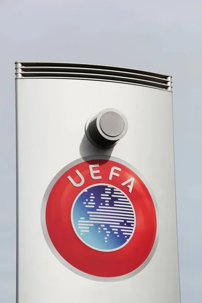 Nyon Svizzera Ottobre 2017 Logo Uefa Pannello Uefa Organo Amministrativo — Foto Stock