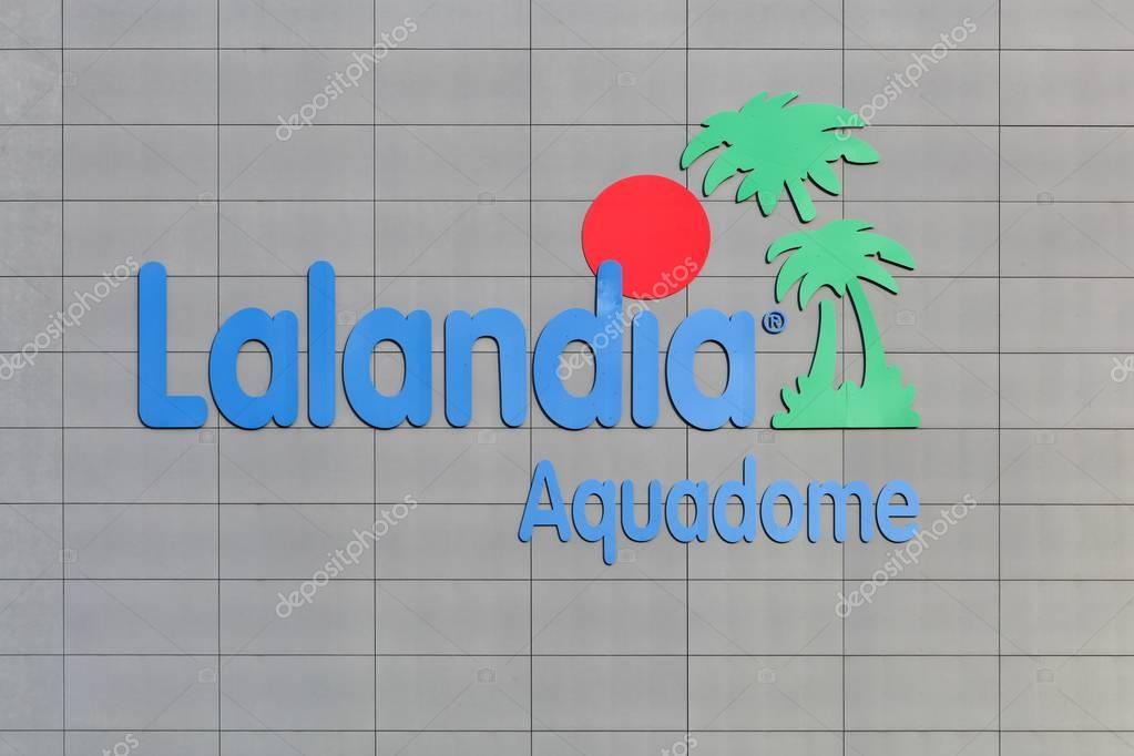 Billund, Denmark - January 4, 2018: Lalandia aquadome logo on a wall. The Lalandia Aquadome in Billund is Scandinavia's largest waterpark