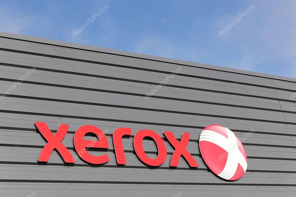 Dax, France - June 5, 2017: Xerox sign on a wall. Xerox is an American global corporation that sells business services and document technology products like office printers and scanner copiers