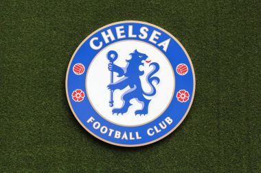 London, Büyük Britanya - 1 Şubat 2018: Logo Chelsea Futbol Kulübü stamford bridge Stadyumu bir duvara. Chelsea Futbol Kulübü profesyonel futbol kulübüdür Premier Ligi'nde yarışan Londra, İngiltere