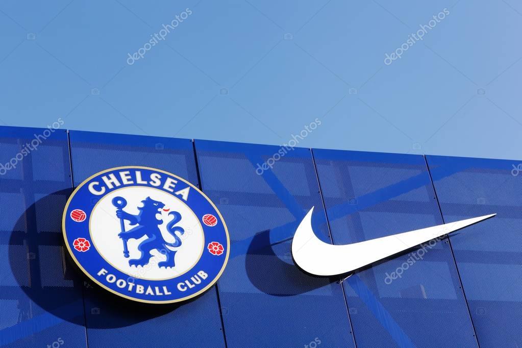 London, United Kingdom - February 1, 2018: Chelsea football club and Nike logo on a wall at Stamford Bridge stadium.