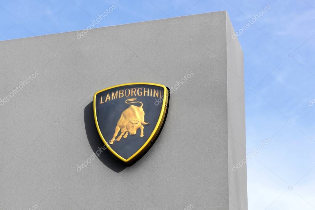 Dardilly, France - February 26, 2017: Lamborghini logo on a panel. Lamborghini is an Italian brand and manufacturer of luxury supercars and sports cars