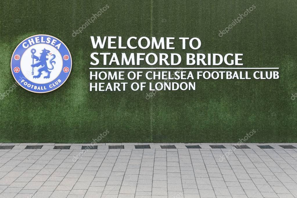 London, United Kingdom - February 1, 2018: Logo of Chelsea football club on a wall at stamford bridge stadium. Chelsea Football Club is a professional football club in London, England, that competes in the Premier League