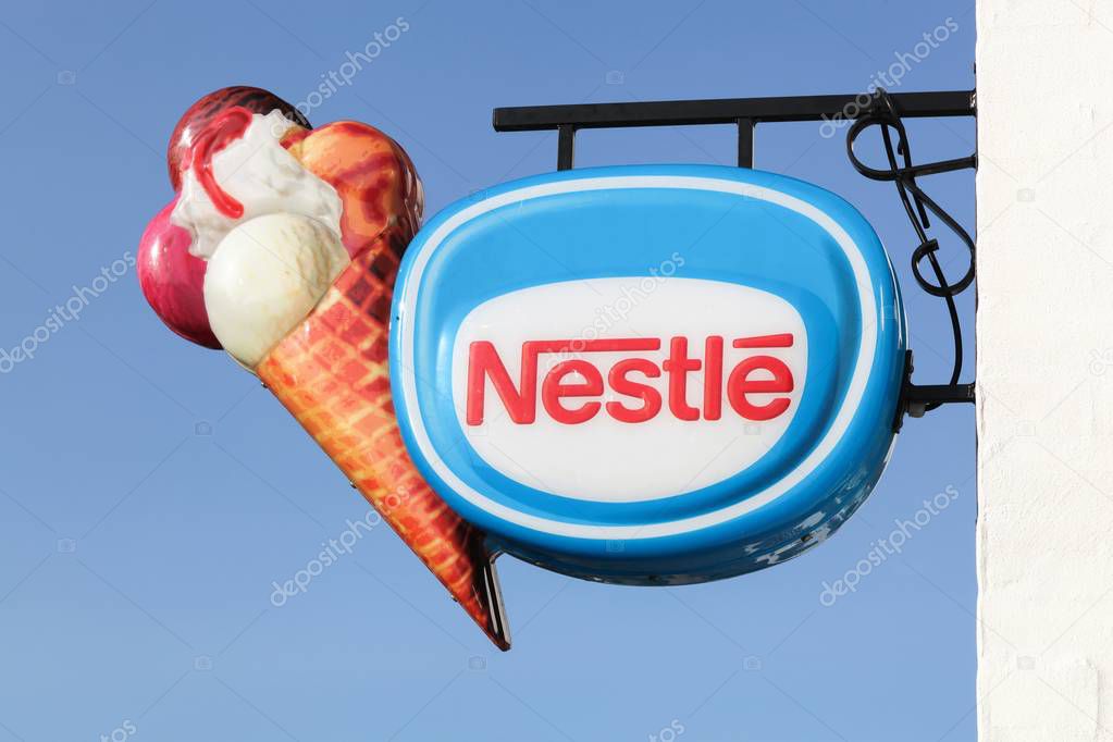 Logstor, Denmark - August 23, 2017: Nestle ice cream. Nestle is a Swiss transnational food and drink company headquartered in Vevey, Vaud, Switzerland