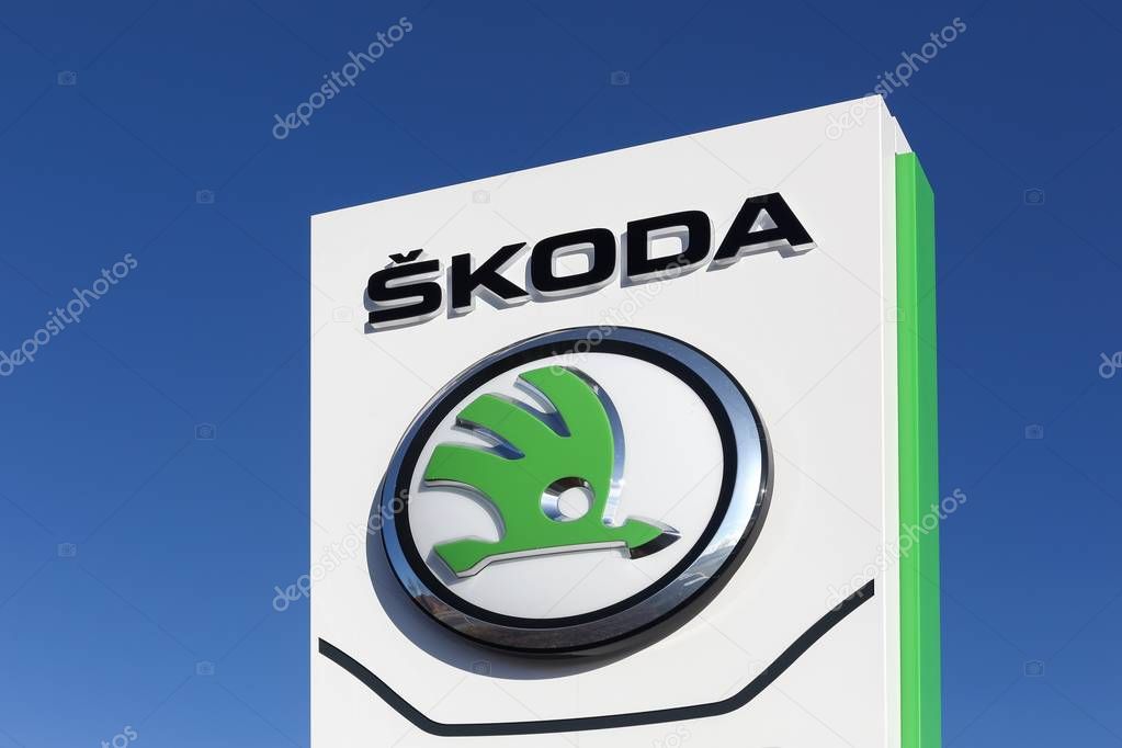 Aarhus, Denmark - February 13, 2015: Skoda sign on a panel. Skoda, is a Czech automobile manufacturer founded in 1895 as Laurin and Klement. It is headquartered in Mlada Boleslav, Czech Republic