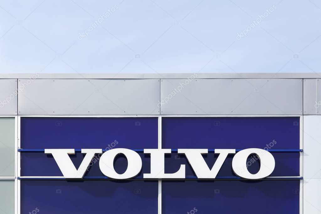 Risskov, Denmark - April 8, 2018: Volvo logo on a wall. Volvo is a Swedish premium automobile manufacturer established in 1927 in Gothenburg, Sweden