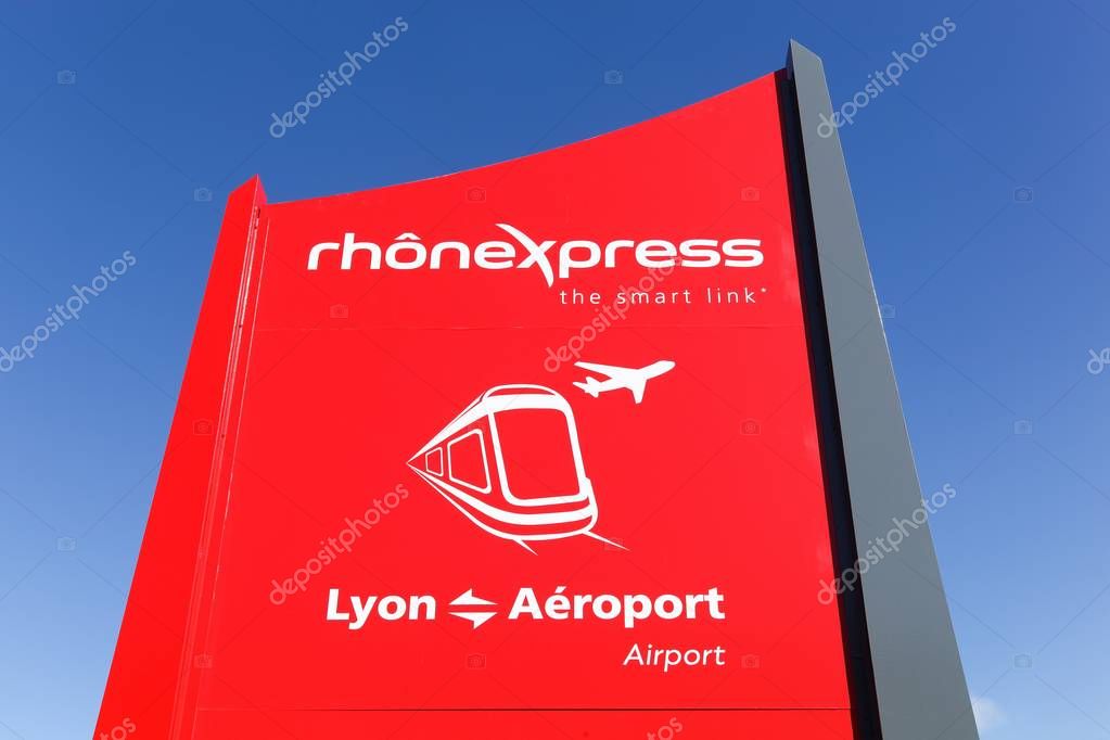 Lyon, France - March 21, 2018: Rhonexpress logo. Rhonexpress is an express tram-train service which links central Lyon, France, with its airport, Lyon Saint Exupry Airport, and the TGV train station