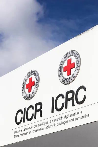 Ginebra Suiza Octubre 2017 Logotipo Del Cicr Inglés Francés Panel — Foto de Stock