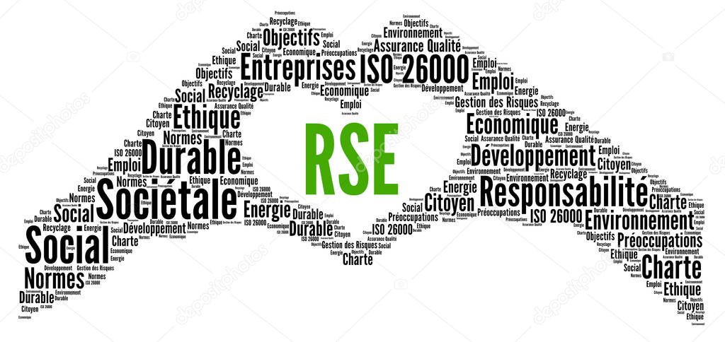 Corporate social responsibility word cloud called RSE, responsabilite societale entreprise in French language