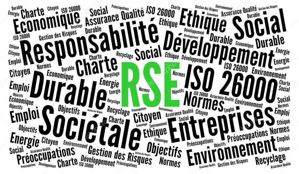 Corporate social responsibility word cloud called RSE, responsabilite societale entreprise in French language