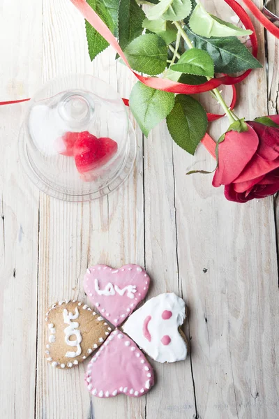 Gingerbread cookies on a grey wooden table — Stock Photo, Image