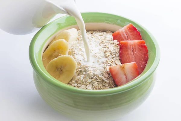 Breakfast (oast, strawberry, banana and vegetal milk) — Stock Photo, Image
