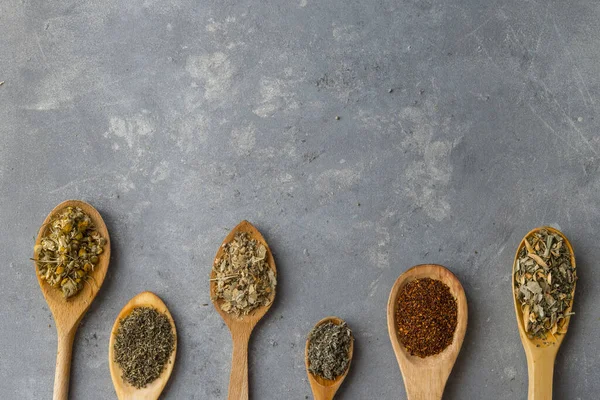 herbs with wooden spoon in gray slate background