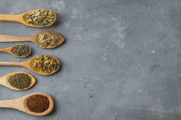 herbs with wooden spoon in gray slate background