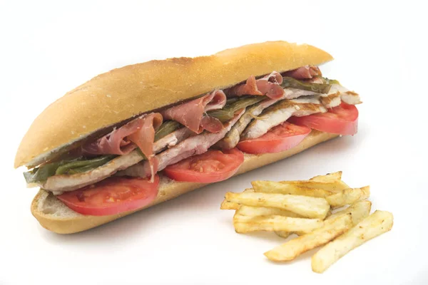 Sandwich Serranito Típico Andalucía Con Jamón Chile Verde Lomo Cerdo — Foto de Stock