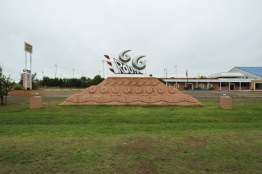 Tucumcari, New Mexico USA - October 4, 2019: Cityscape view of the convention center and welcome sign along the historic Route Highway 66 through this small town located in Quay County.