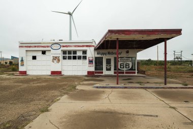 Tucumcari, New Mexico USA - October 4, 2019: Cityscape view of the vintage buildings and signs along the historic Route Highway 66 through this small town located in Quay County.
