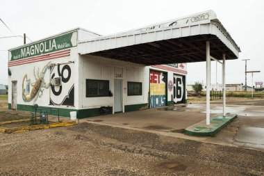 Tucumcari, New Mexico USA - October 4, 2019: Cityscape view of the vintage buildings and signs along the historic Route Highway 66 through this small town located in Quay County.