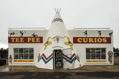 Tucumcari, New Mexico USA - October 4, 2019: Cityscape view of the vintage buildings and signs along the historic Route Highway 66 through this small town located in Quay County.