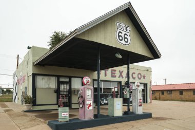 Tucumcari, New Mexico USA - October 4, 2019: Cityscape view of the vintage buildings and signs along the historic Route Highway 66 through this small town located in Quay County.