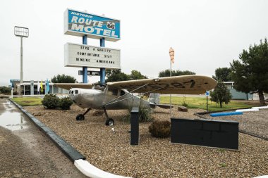 Tucumcari, New Mexico USA - October 4, 2019: Cityscape view of the vintage buildings and signs along the historic Route Highway 66 through this small town located in Quay County.