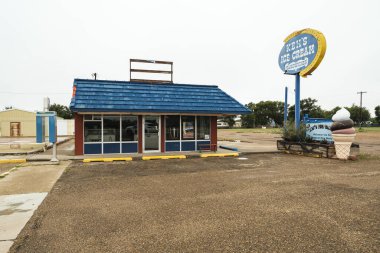 Tucumcari, New Mexico USA - October 4, 2019: Cityscape view of the vintage buildings and signs along the historic Route Highway 66 through this small town located in Quay County.