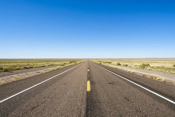 Long desert road in the Petrified Forest National Park in Arizona.