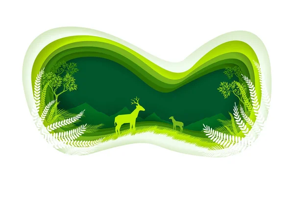 Deers Green Forest Paper Cut Style — Stock Vector