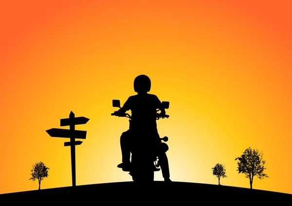 Sylwetka Motocyklistów Przyrodzie Zachodzie Słońca — Wektor stockowy