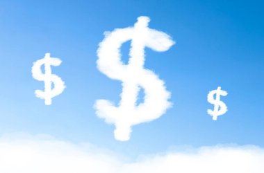 Mavi gökyüzünde dolar sembolü bulutlar.