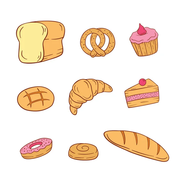 Productos Pan Productos Doodle Bakery Vector Dibujados Mano Panadería Doodle — Vector de stock