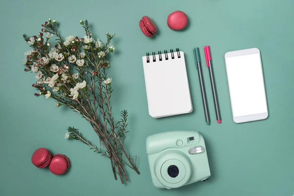 Piso con teléfono, cámara analógica, bloc de notas y bolígrafos, flores y macarrones de color rosa sobre fondo azul cáscara de huevo — Foto de Stock