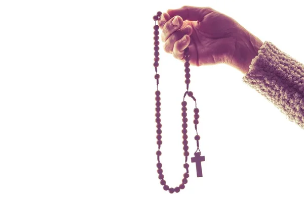 Wooden Rosary in Hand — Stock Photo, Image