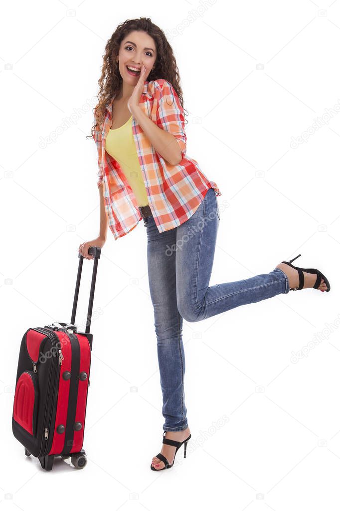 Travel and adventure concept. Beautiful Caucasian woman with a suitcase.