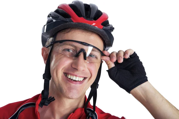 Zufriedener Radfahrer, behält Brille. — Stockfoto
