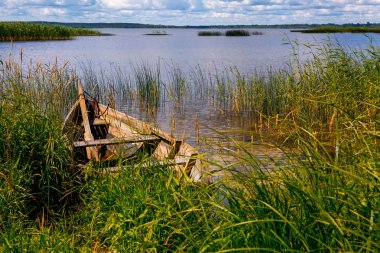 Kıyıya yakın bir tekne. Mavi gökyüzü, su, çim. Fi kavramı