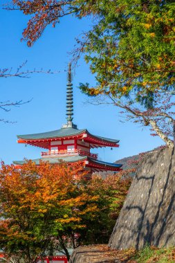 Fuji ve Chureito Pagoda sonbaharda, Fujiyoshida, Japonya