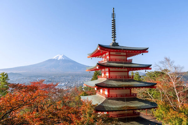 Fuji with Chureito Pagoda in autumn, Fujiyoshida, Japan