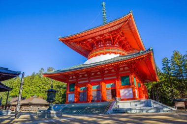 Konpon Daito (Büyük Pagoda) ve Japonya 'nın Koya Dağı' ndaki (Koyasan) ziyaretçileri ile Danjo Garan Tapınağı Kompleksi manzarası