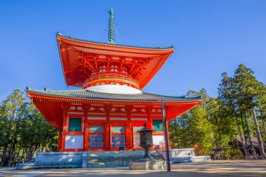 Konpon Daito (Büyük Pagoda) ve Japonya 'nın Koya Dağı' ndaki (Koyasan) ziyaretçileri ile Danjo Garan Tapınağı Kompleksi manzarası