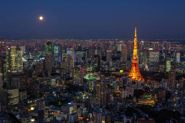 Tokyo Kulesi, Tokyo geceleri gökdelenlerin arasında. Televizyon kulesi, Tokyo ışıkları, Japonya