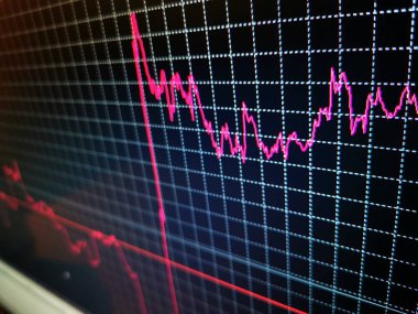 Bitcoin 'lerin kripto para birimi fiyatları 15 Kasım 2019. Siyah arkaplanda bir çizgi çizelgesindeki kripto para birimi fiyatlarında değişiklik. Bir monitör ekranında iş ve ekonomi grafiği.