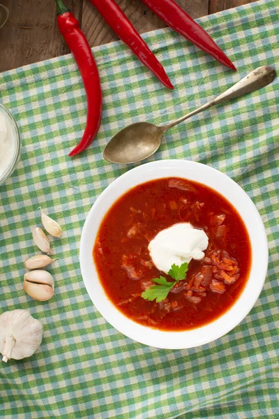 Borsch Rosso Cibo Ucraino Stile Rustico Zuppa Barbabietole Rosse Servita — Foto Stock