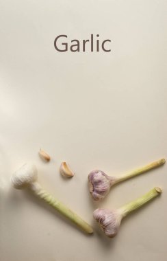 Hafif arka planda, üzerinde yazı olan genç bir sarımsak. Minimalizm kavramı. Dikey yönelim.