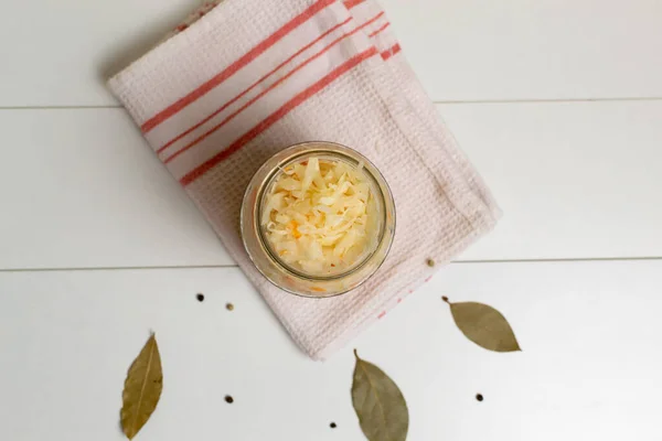 Sauerkraut Glass Jar Spices White Towel White Background Top View — Stock Photo, Image