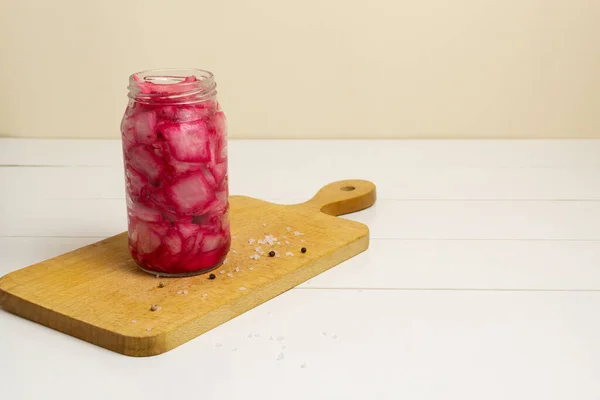 Sauerkraut Beetroot Juice Glass Jar Wooden Board White Background Korean — Stock Photo, Image