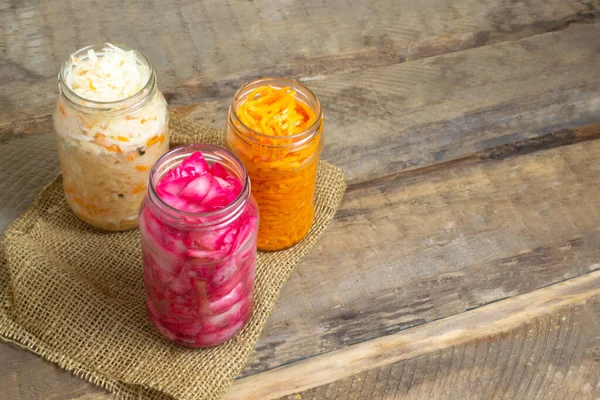 Fermented cabbage and carrots with spices on a wooden table. Rustic style. Copy space. — Stock Image Fermented Cabbage Carrots Spices Wooden Table Rustic Style Copy Space Stock Photo